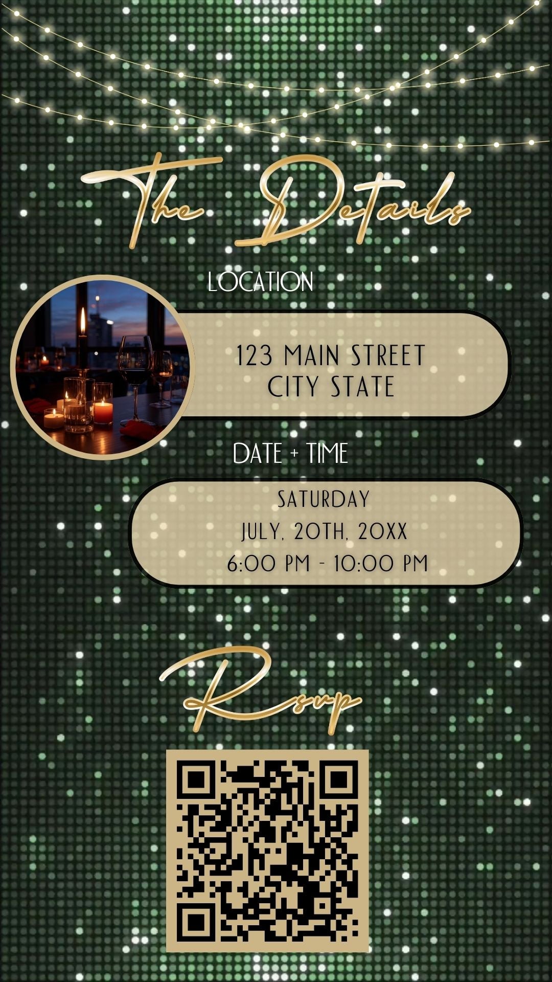 Editable sage green gold glitter 50th birthday video invitation displayed on a mobile phone, featuring an animated vertical digital invite with music, created in Canva. This premium video invitation template is designed for sharing by text, email, and social media and works with an interactive RSVP website for easy guest response tracking.