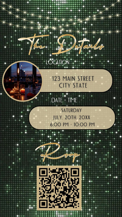 Editable sage green gold glitter 50th birthday video invitation displayed on a mobile phone, featuring an animated vertical digital invite with music, created in Canva. This premium video invitation template is designed for sharing by text, email, and social media and works with an interactive RSVP website for easy guest response tracking.