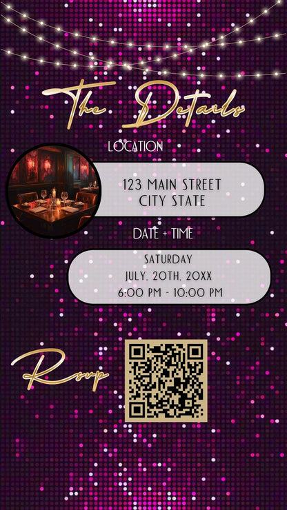 Editable violet gold sequin 60th birthday birthday video invitation displayed on a mobile phone, featuring an animated vertical digital invite with music, created in Canva. This premium video invitation template is designed for sharing by text, email, and social media and works with an interactive RSVP website for easy guest response tracking.