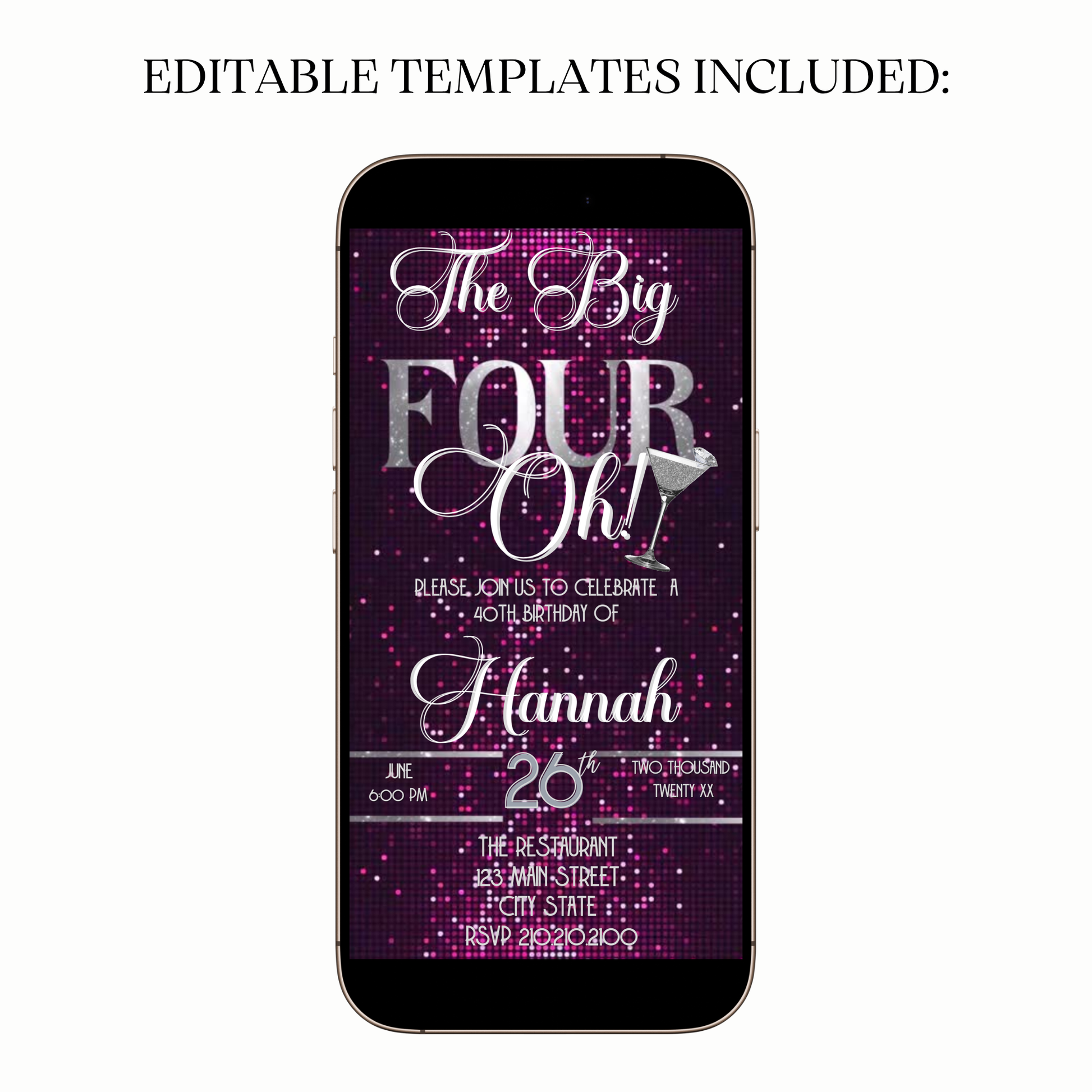 Pink Glam The Big Four-Oh 40th Birthday Video Invitation — Silver Sparkle Theme for Mobile Sharing
