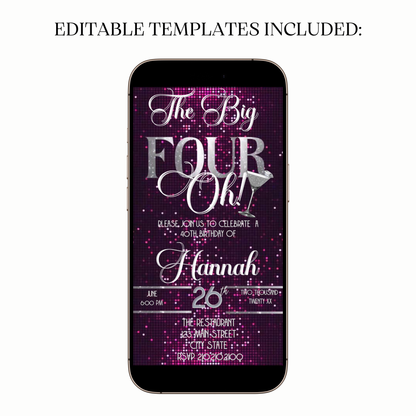 Pink Glam The Big Four-Oh 40th Birthday Video Invitation — Silver Sparkle Theme for Mobile Sharing
