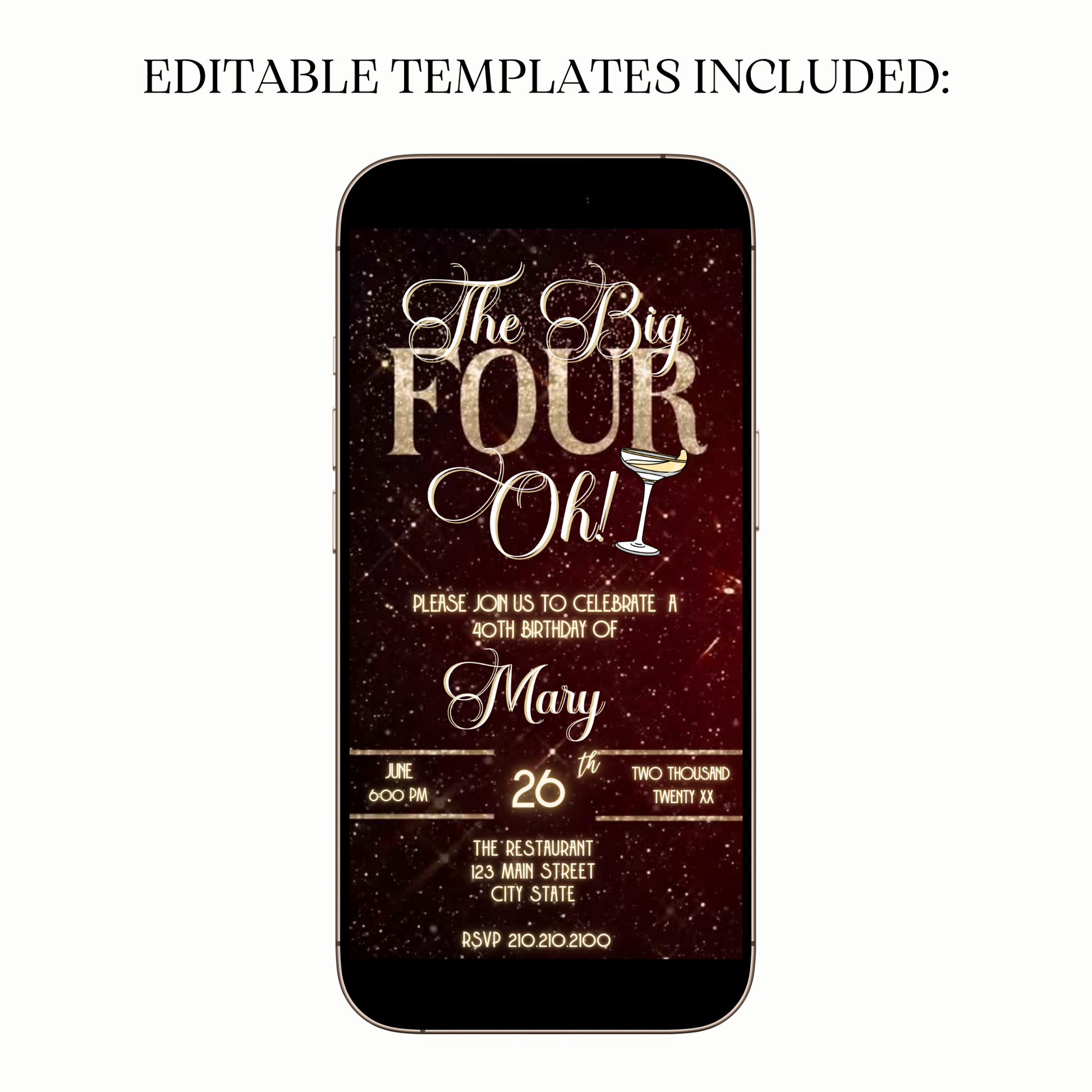 Elegant The Big Four-Oh 40th Birthday Video Invitation — Gold Glam Celebration for Mobile Sharing