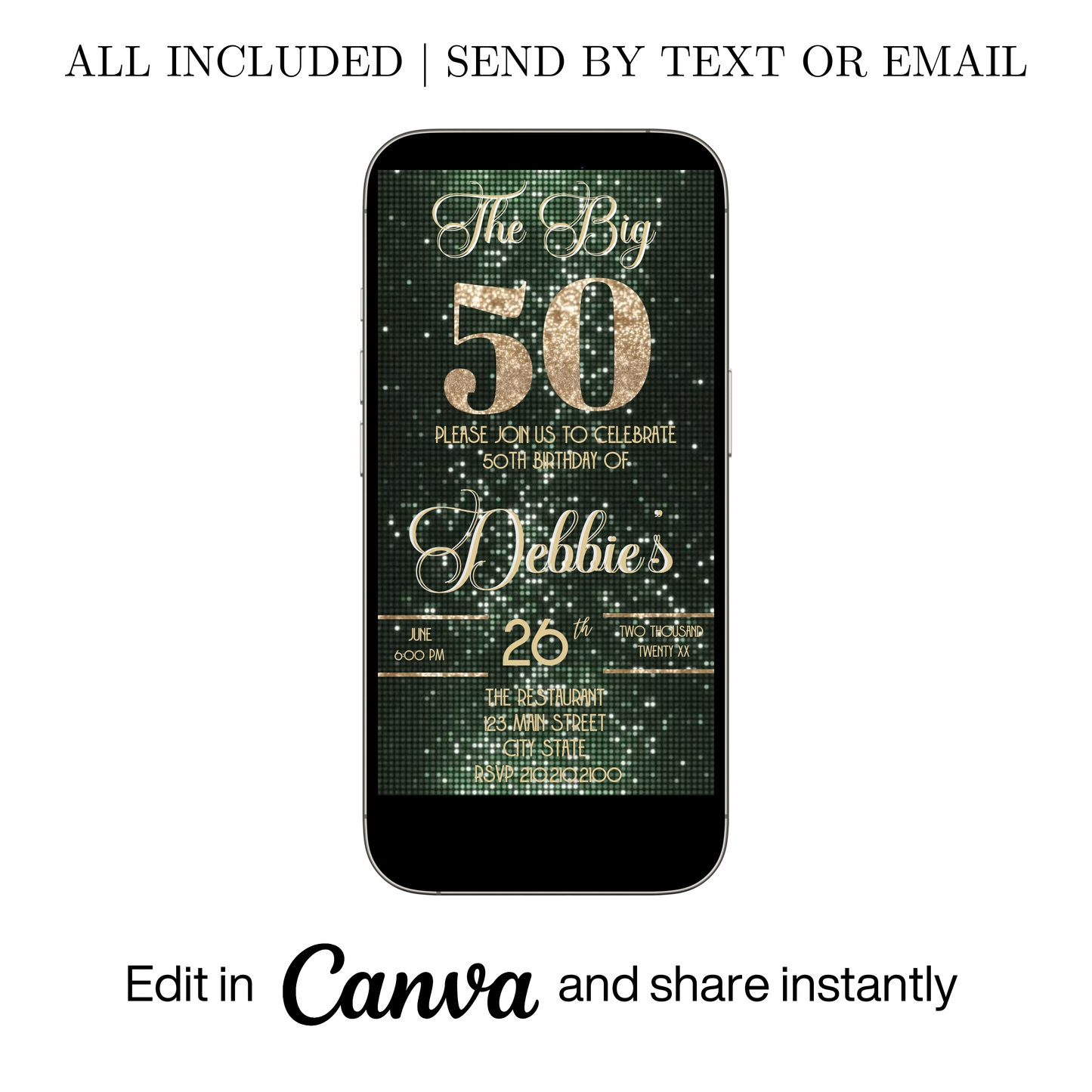 Editable sage green & gold 50th birthday video invitation displayed on a mobile phone, featuring an animated vertical digital invite with music, created in Canva. This premium video invitation template is designed for sharing by text, email, and social media and works with an interactive RSVP website for easy guest response tracking.