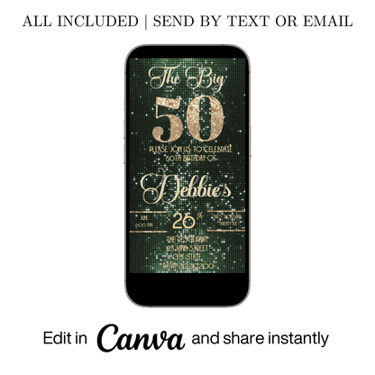 Editable sage green & gold 50th birthday video invitation displayed on a mobile phone, featuring an animated vertical digital invite with music, created in Canva. This premium video invitation template is designed for sharing by text, email, and social media and works with an interactive RSVP website for easy guest response tracking.