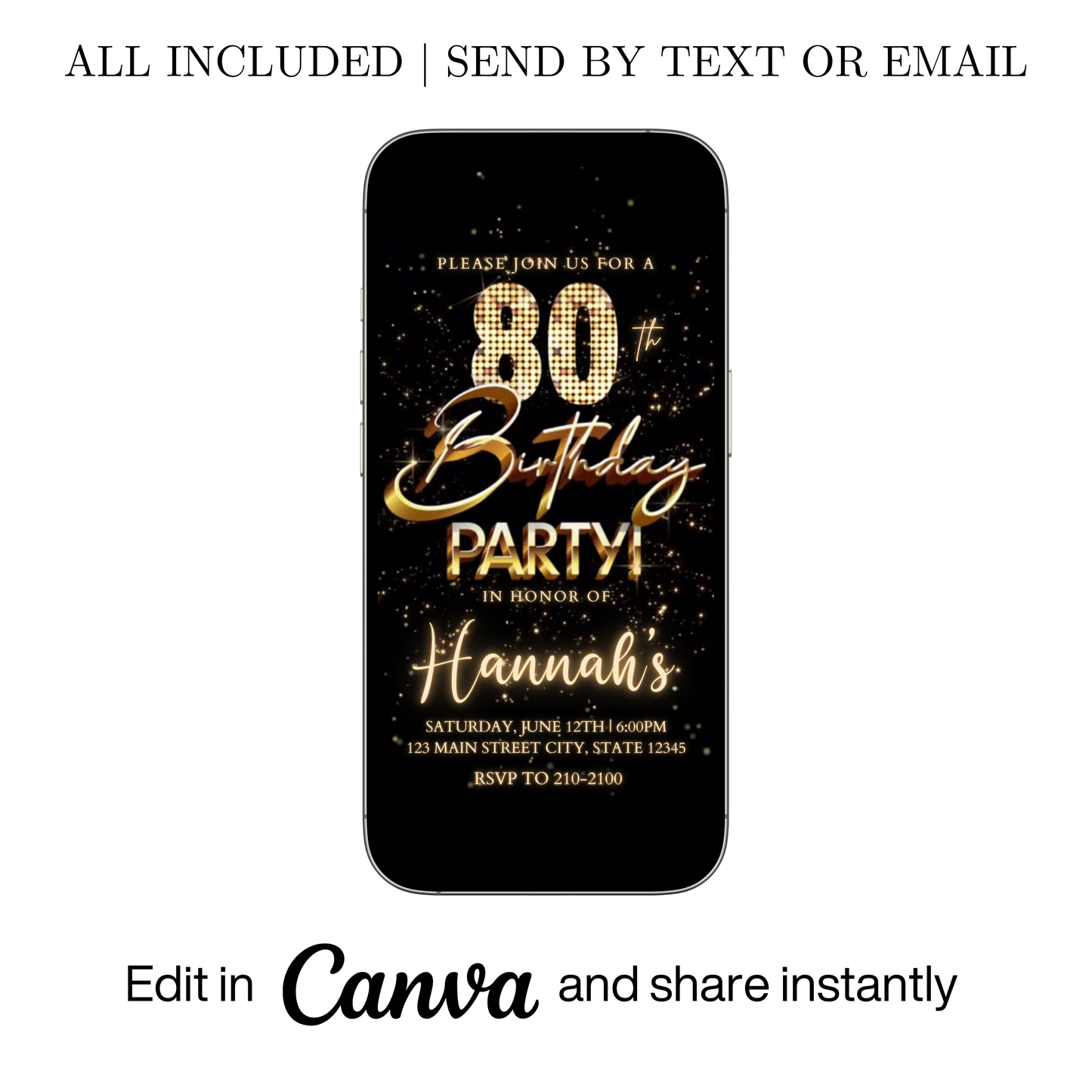 Editable gold fireworks 80th birthday video invitation displayed on a mobile phone, featuring an animated vertical digital invite with music, created in Canva. This premium video invitation template is designed for sharing by text, email, and social media and works with an interactive RSVP website for easy guest response tracking.