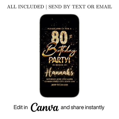 Editable gold fireworks 80th birthday video invitation displayed on a mobile phone, featuring an animated vertical digital invite with music, created in Canva. This premium video invitation template is designed for sharing by text, email, and social media and works with an interactive RSVP website for easy guest response tracking.