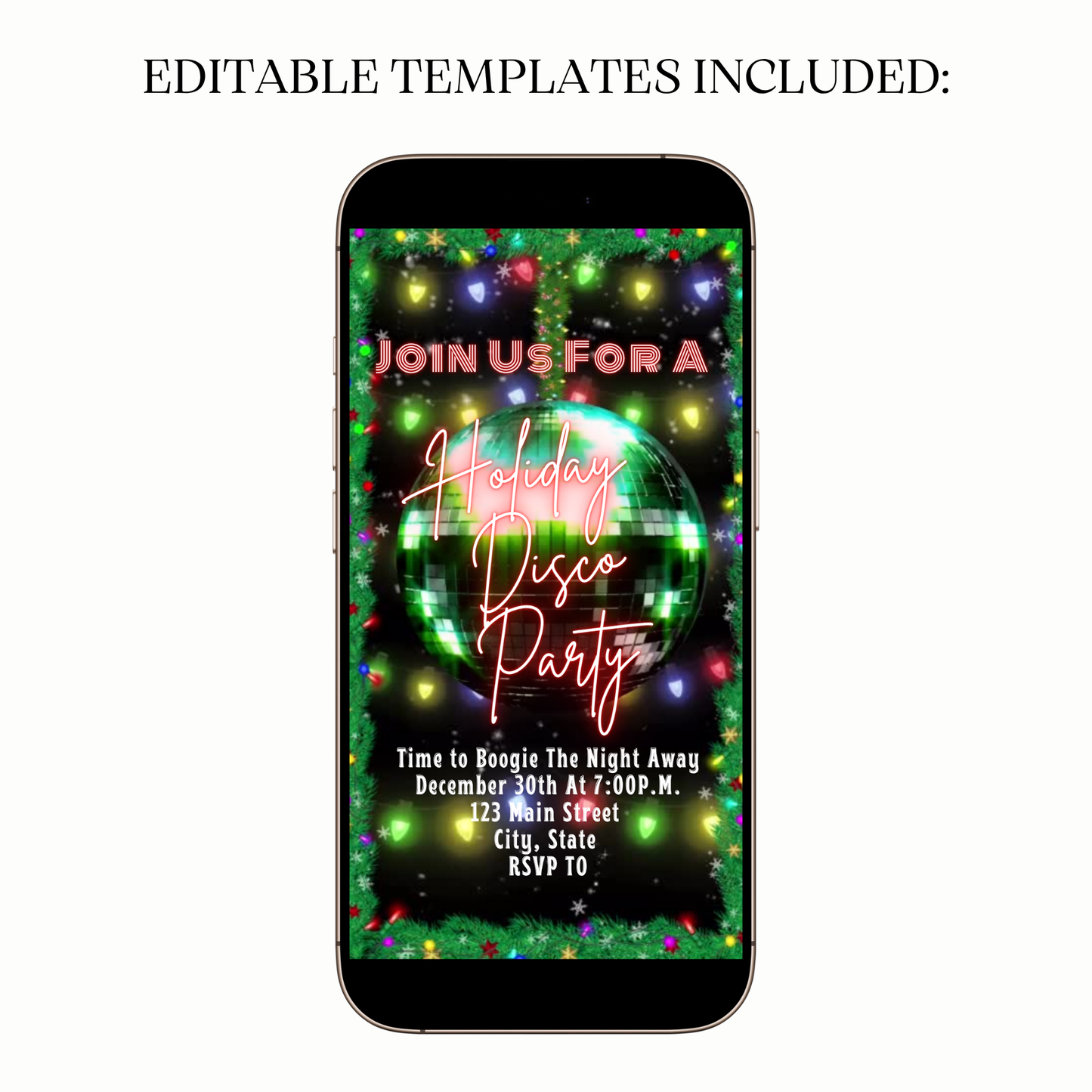 Digital disco ball video invitation festive lights design
