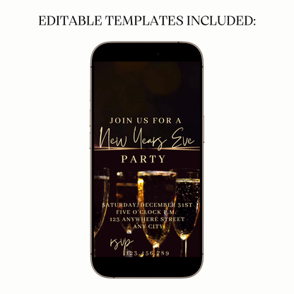 Flat lay of champagne glasses and phone displaying digital invitation