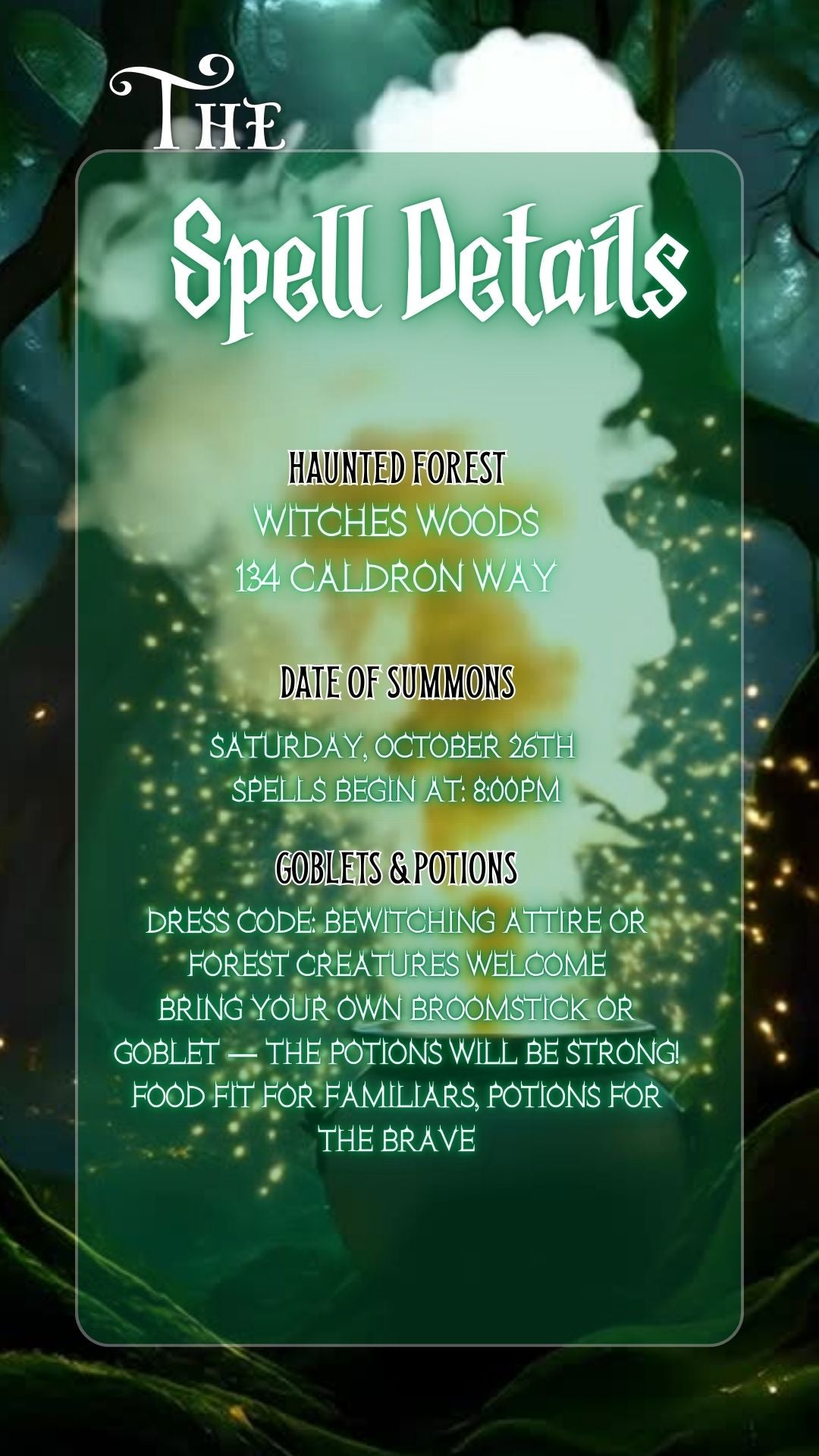 Editable abracadabra halloween party party video invitation displayed on a mobile phone, featuring an animated vertical digital invite with music, created in Canva. This premium video invitation template is designed for sharing by text, email, and social media and works with an interactive RSVP website for easy guest response tracking.