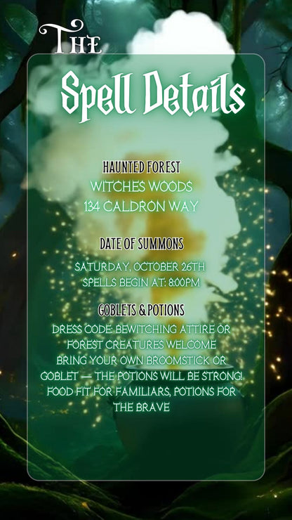 Editable abracadabra halloween party party video invitation displayed on a mobile phone, featuring an animated vertical digital invite with music, created in Canva. This premium video invitation template is designed for sharing by text, email, and social media and works with an interactive RSVP website for easy guest response tracking.