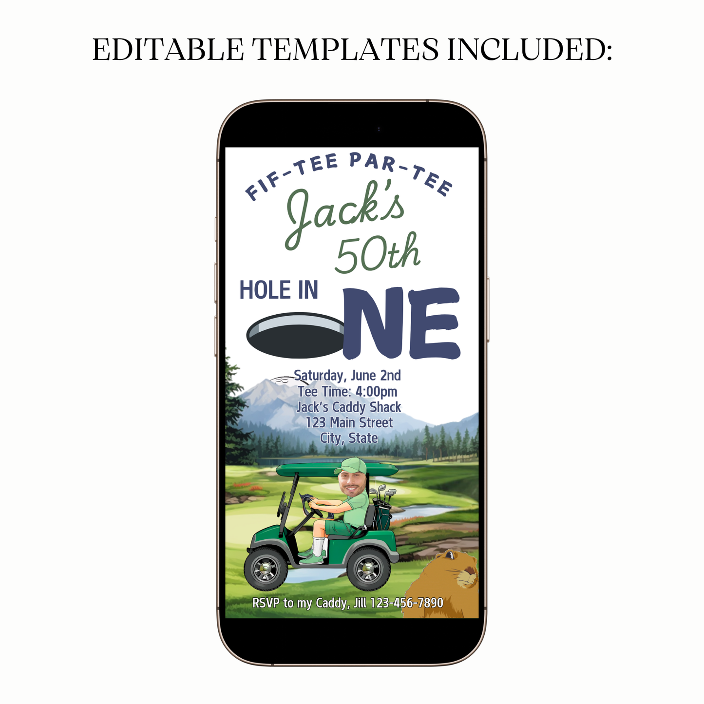 Flat lay with golf clubs, tees, and phone showing invite