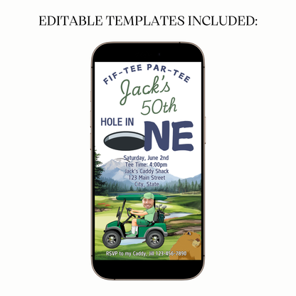 Flat lay with golf clubs, tees, and phone showing invite