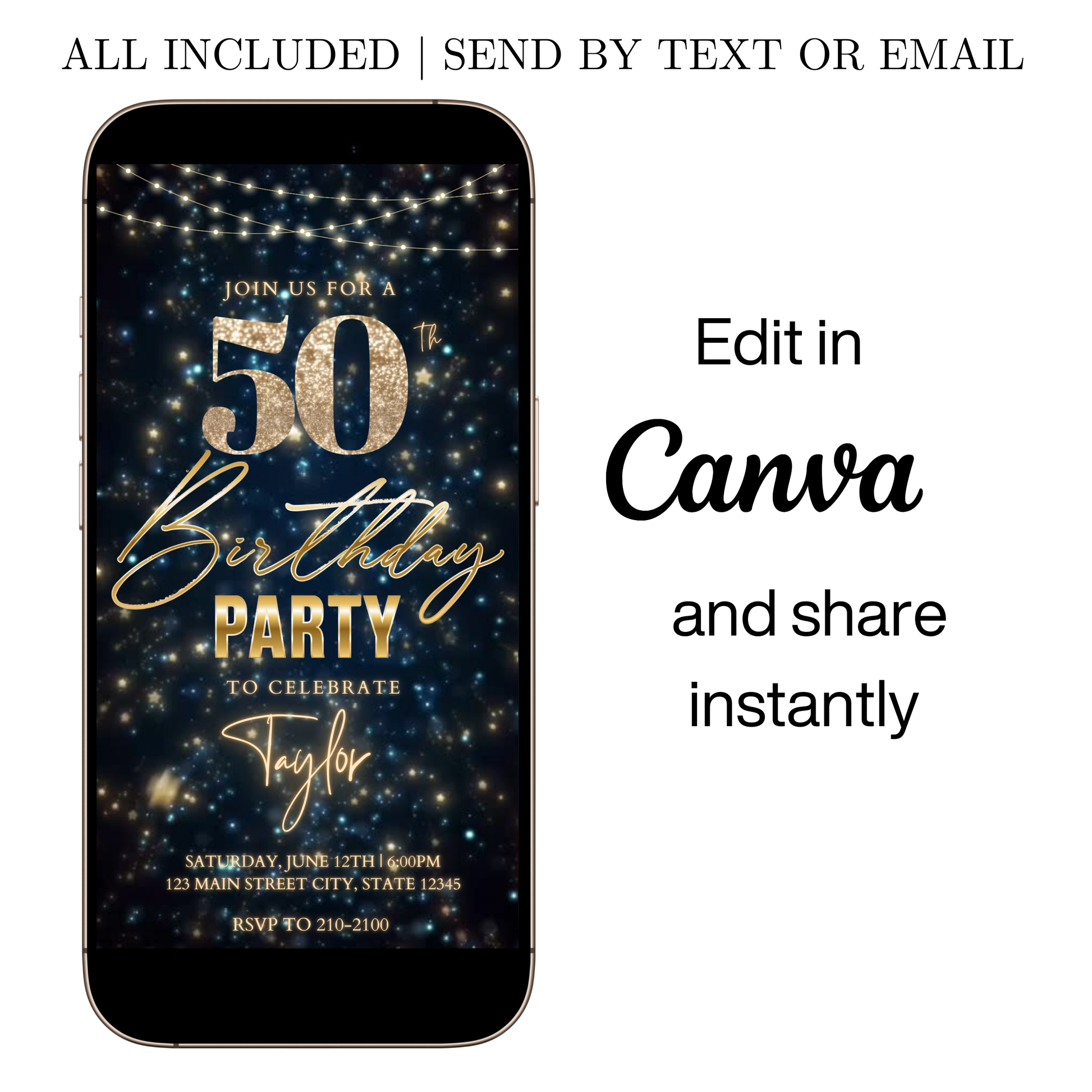 Editable starry gold 50th birthday video invitation displayed on a mobile phone, featuring an animated vertical digital invite with music, created in Canva. This premium video invitation template is designed for sharing by text, email, and social media and works with an interactive RSVP website for easy guest response tracking.