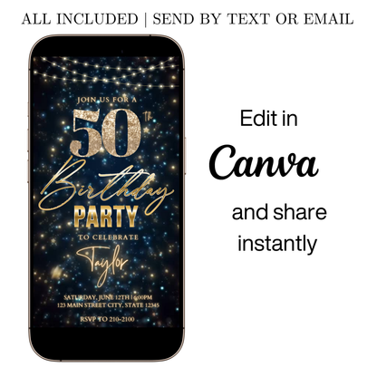 Editable starry gold 50th birthday video invitation displayed on a mobile phone, featuring an animated vertical digital invite with music, created in Canva. This premium video invitation template is designed for sharing by text, email, and social media and works with an interactive RSVP website for easy guest response tracking.