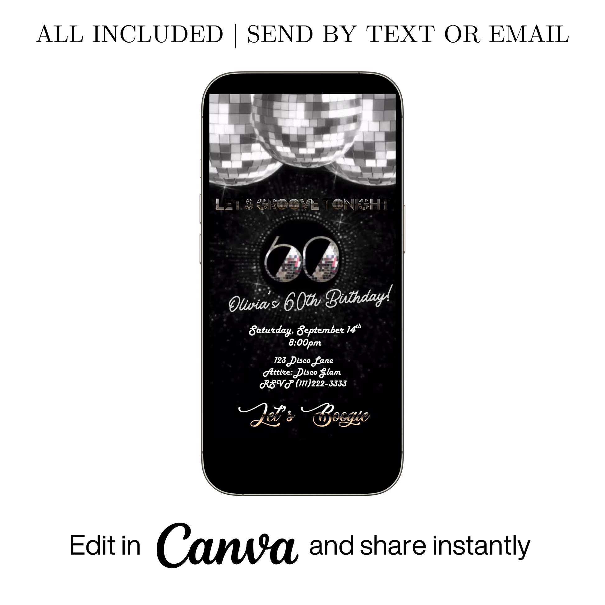 Editable silver disco 60th birthday party video invitation displayed on a mobile phone, featuring an animated vertical digital invite with music, created in Canva. This premium video invitation template is designed for sharing by text, email, and social media and works with an interactive RSVP website for easy guest response tracking.