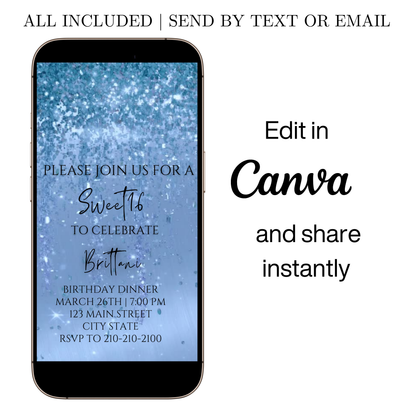 Editable aqua blue watercolor glitter sweet 16 birthday dinner video invitation displayed on a mobile phone, featuring an animated vertical digital invite with music, created in Canva. This premium video invitation template is designed for sharing by text, email, and social media and works with an interactive RSVP website for easy guest response tracking.