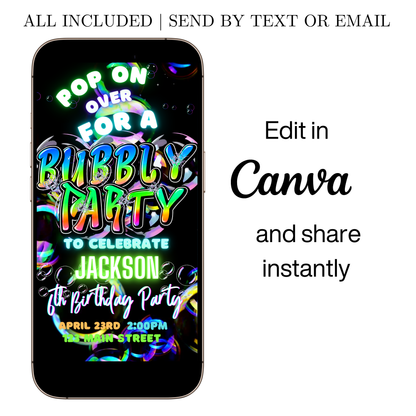 Editable colorful bubble kids birthday party video invitation displayed on a mobile phone, featuring an animated vertical digital invite with music, created in Canva. This premium video invitation template is designed for sharing by text, email, and social media and works with an interactive RSVP website for easy guest response tracking.