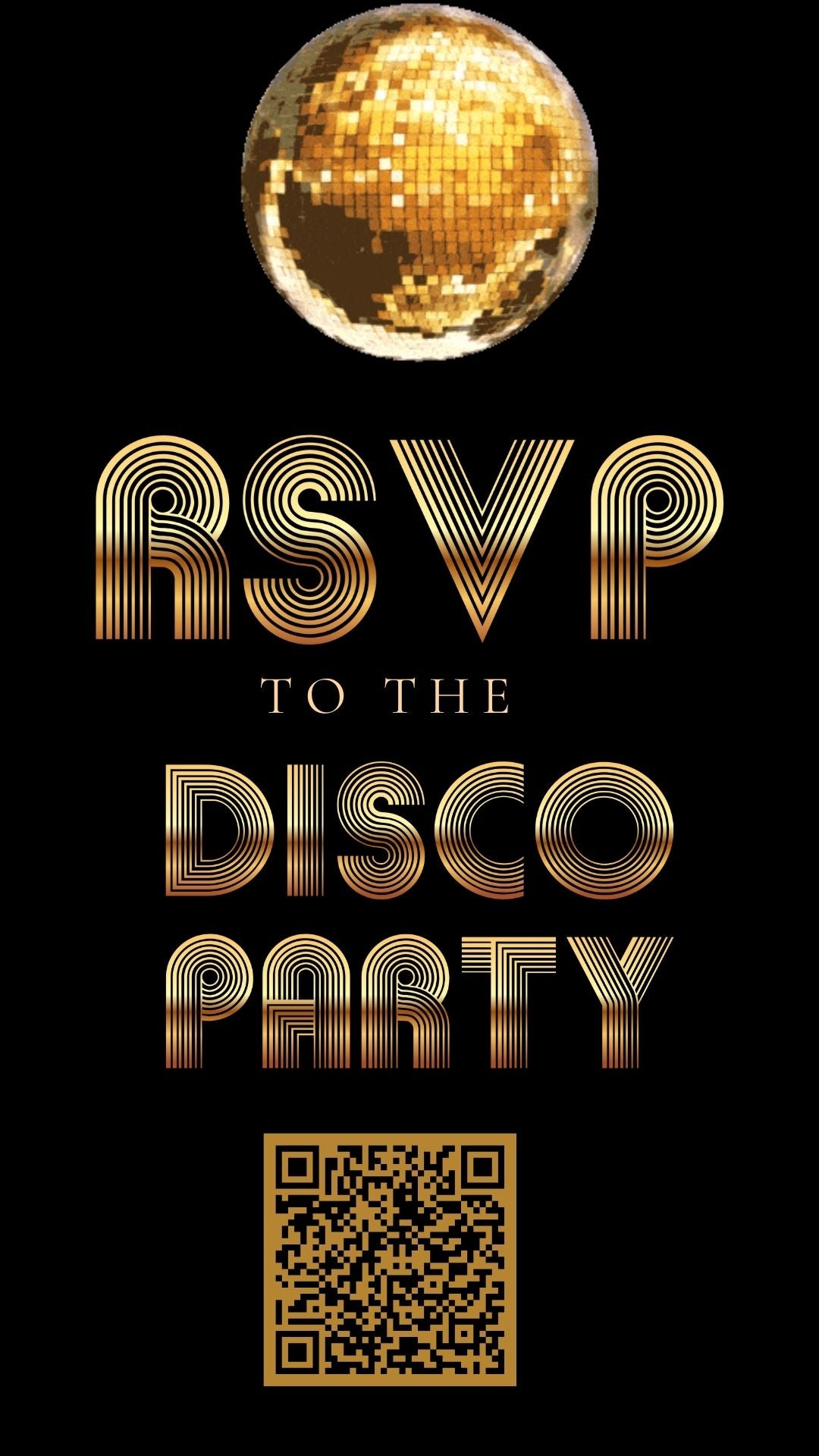 Editable gold disco studio 50th birthday video invitation displayed on a mobile phone, featuring an animated vertical digital invite with music, created in Canva. This premium video invitation template is designed for sharing by text, email, and social media and works with an interactive RSVP website for easy guest response tracking.