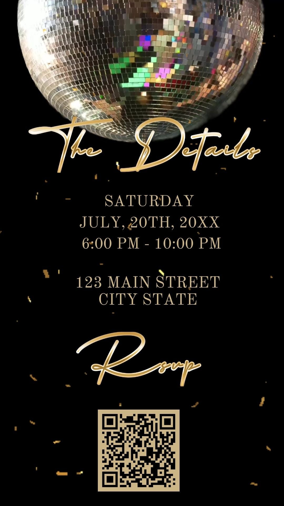 Editable disco ball gold 60th birthday birthday video invitation displayed on a mobile phone, featuring an animated vertical digital invite with music, created in Canva. This premium video invitation template is designed for sharing by text, email, and social media and works with an interactive RSVP website for easy guest response tracking.