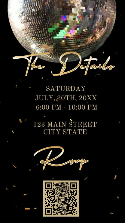 Editable disco ball gold 60th birthday birthday video invitation displayed on a mobile phone, featuring an animated vertical digital invite with music, created in Canva. This premium video invitation template is designed for sharing by text, email, and social media and works with an interactive RSVP website for easy guest response tracking.