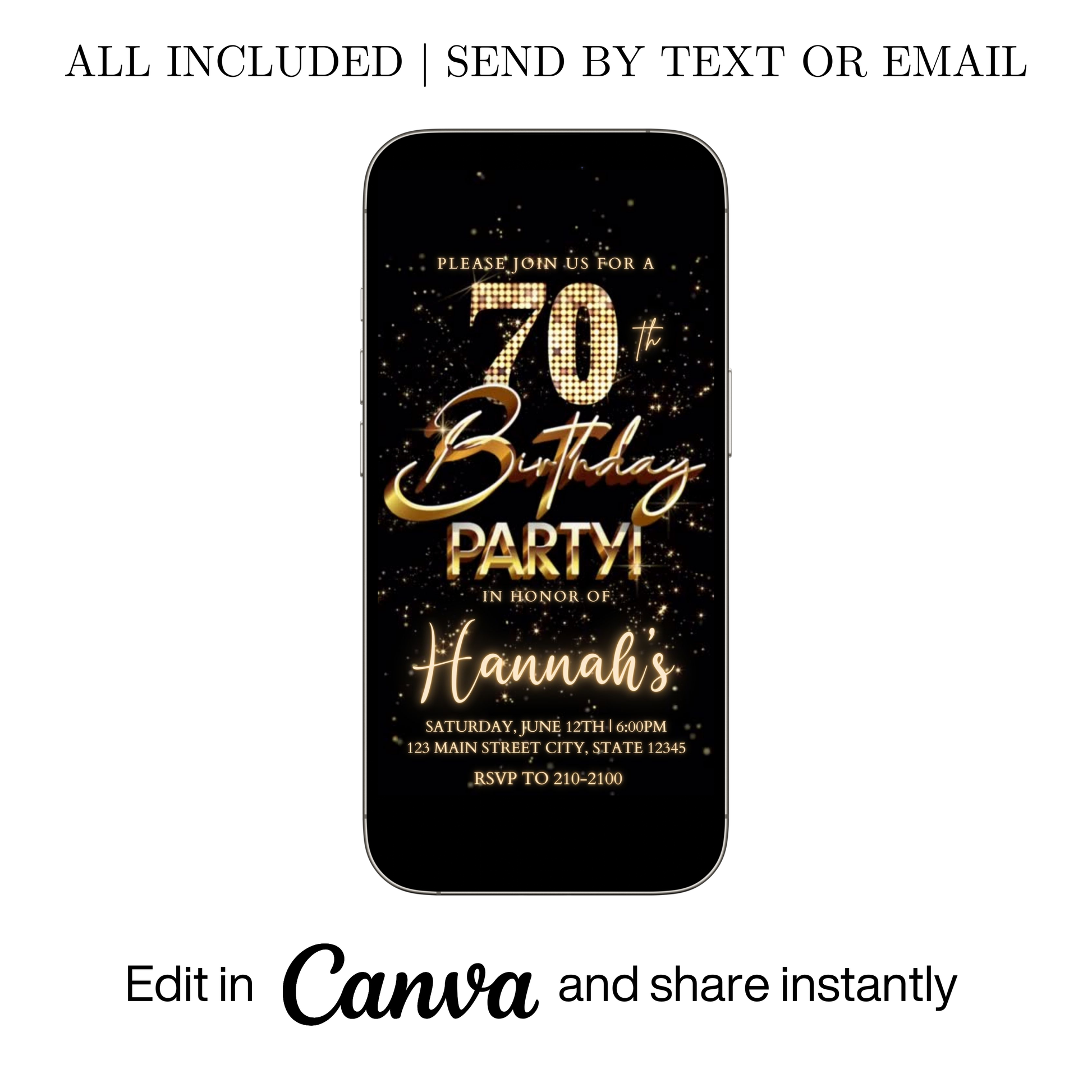 Editable gold fireworks 70th birthday video invitation displayed on a mobile phone, featuring an animated vertical digital invite with music, created in Canva. This premium video invitation template is designed for sharing by text, email, and social media and works with an interactive RSVP website for easy guest response tracking.