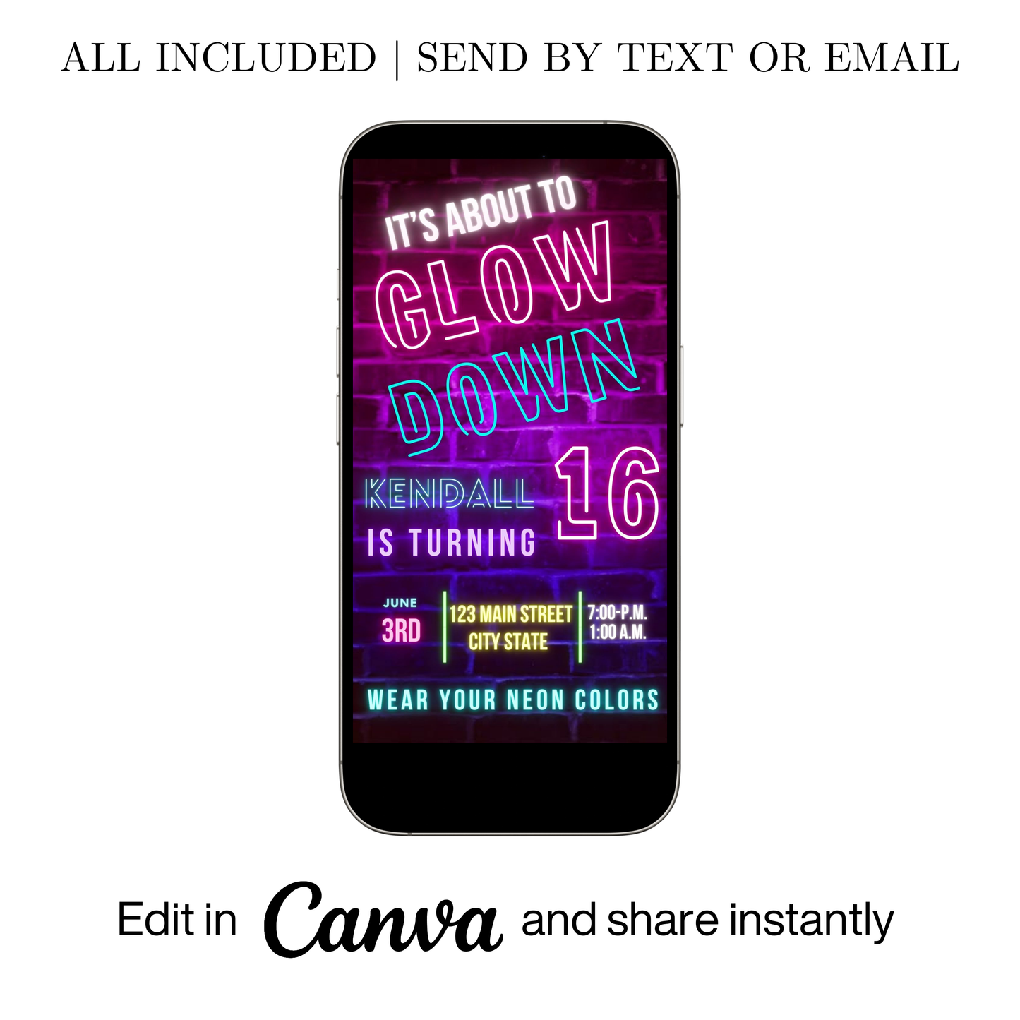 Editable neon glow brick sweet 16 birthday video invitation displayed on a mobile phone, featuring an animated vertical digital invite with music, created in Canva. This premium video invitation template is designed for sharing by text, email, and social media and works with an interactive RSVP website for easy guest response tracking.