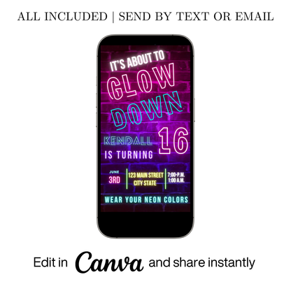 Editable neon glow brick sweet 16 birthday video invitation displayed on a mobile phone, featuring an animated vertical digital invite with music, created in Canva. This premium video invitation template is designed for sharing by text, email, and social media and works with an interactive RSVP website for easy guest response tracking.