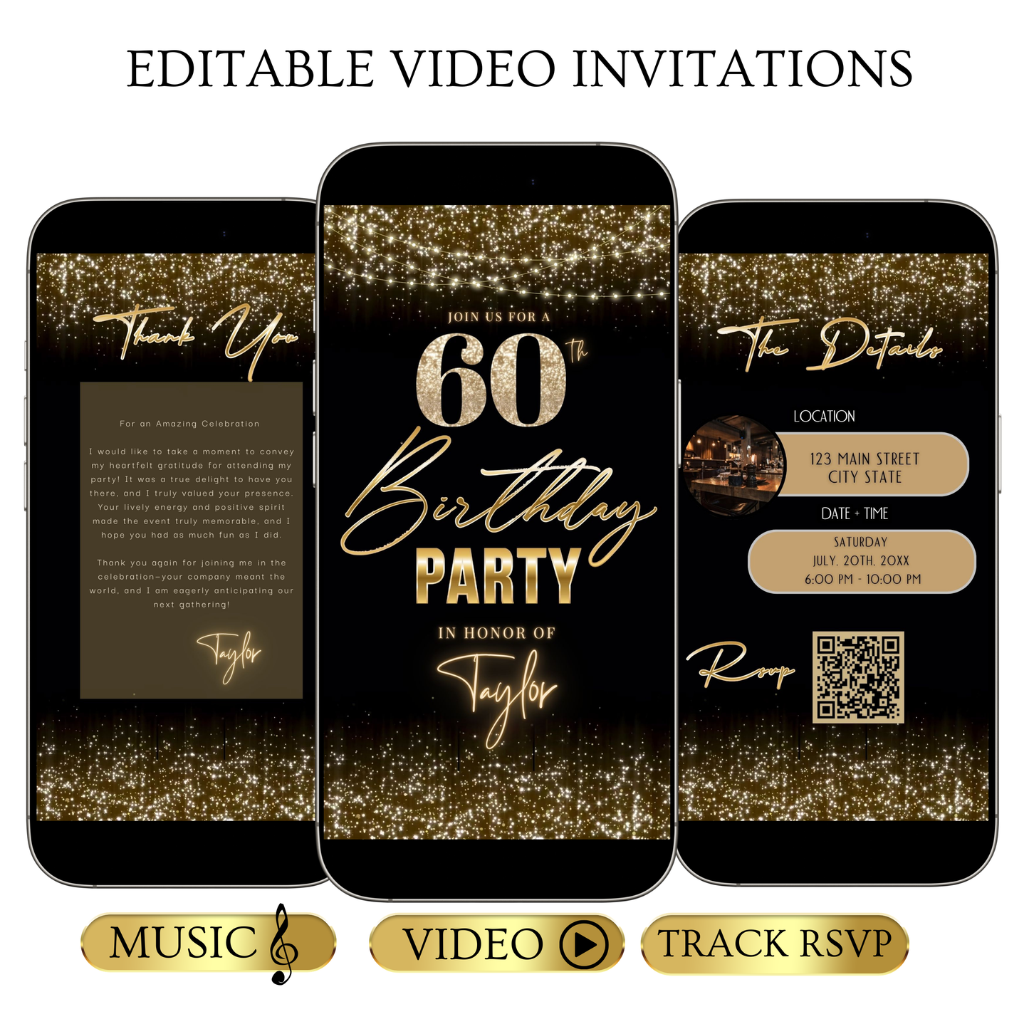 Editable gold sparkle 60th birthday birthday video invitation displayed on a mobile phone, featuring an animated vertical digital invite with music, created in Canva. This premium video invitation template is designed for sharing by text, email, and social media and works with an interactive RSVP website for easy guest response tracking.