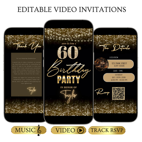 Editable gold sparkle 60th birthday birthday video invitation displayed on a mobile phone, featuring an animated vertical digital invite with music, created in Canva. This premium video invitation template is designed for sharing by text, email, and social media and works with an interactive RSVP website for easy guest response tracking.