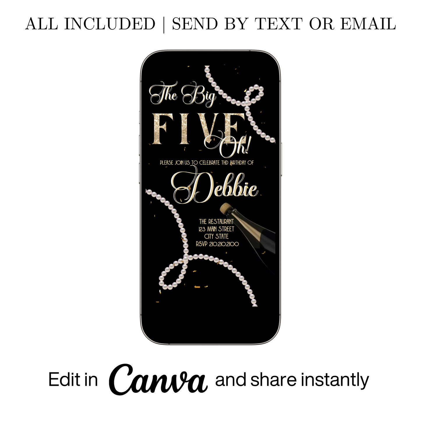 Editable pearl black gold 50th birthday video invitation displayed on a mobile phone, featuring an animated vertical digital invite with music, created in Canva. This premium video invitation template is designed for sharing by text, email, and social media and works with an interactive RSVP website for easy guest response tracking.