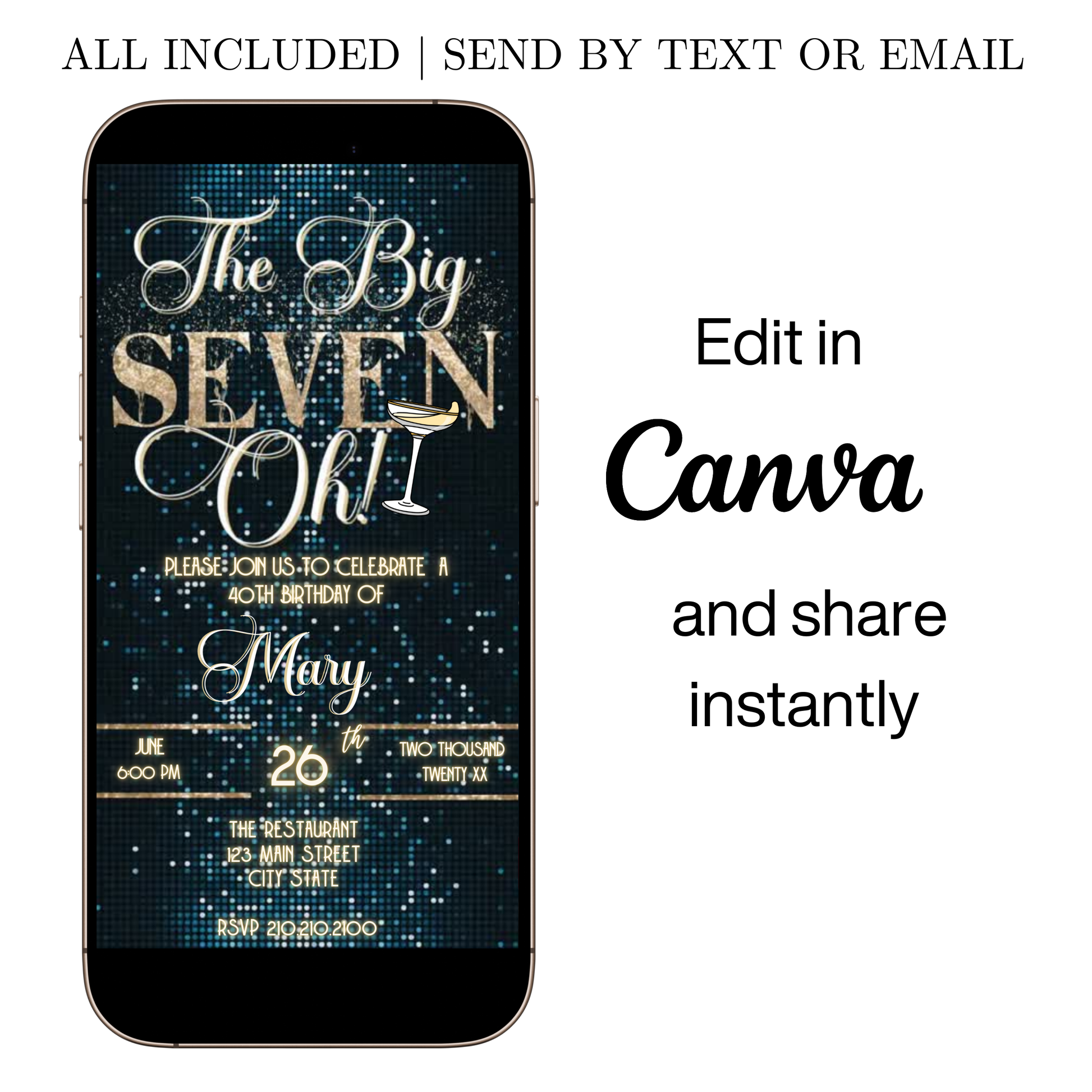 Editable emerald green gold 70th birthday video invitation displayed on a mobile phone, featuring an animated vertical digital invite with music, created in Canva. This premium video invitation template is designed for sharing by text, email, and social media and works with an interactive RSVP website for easy guest response tracking.