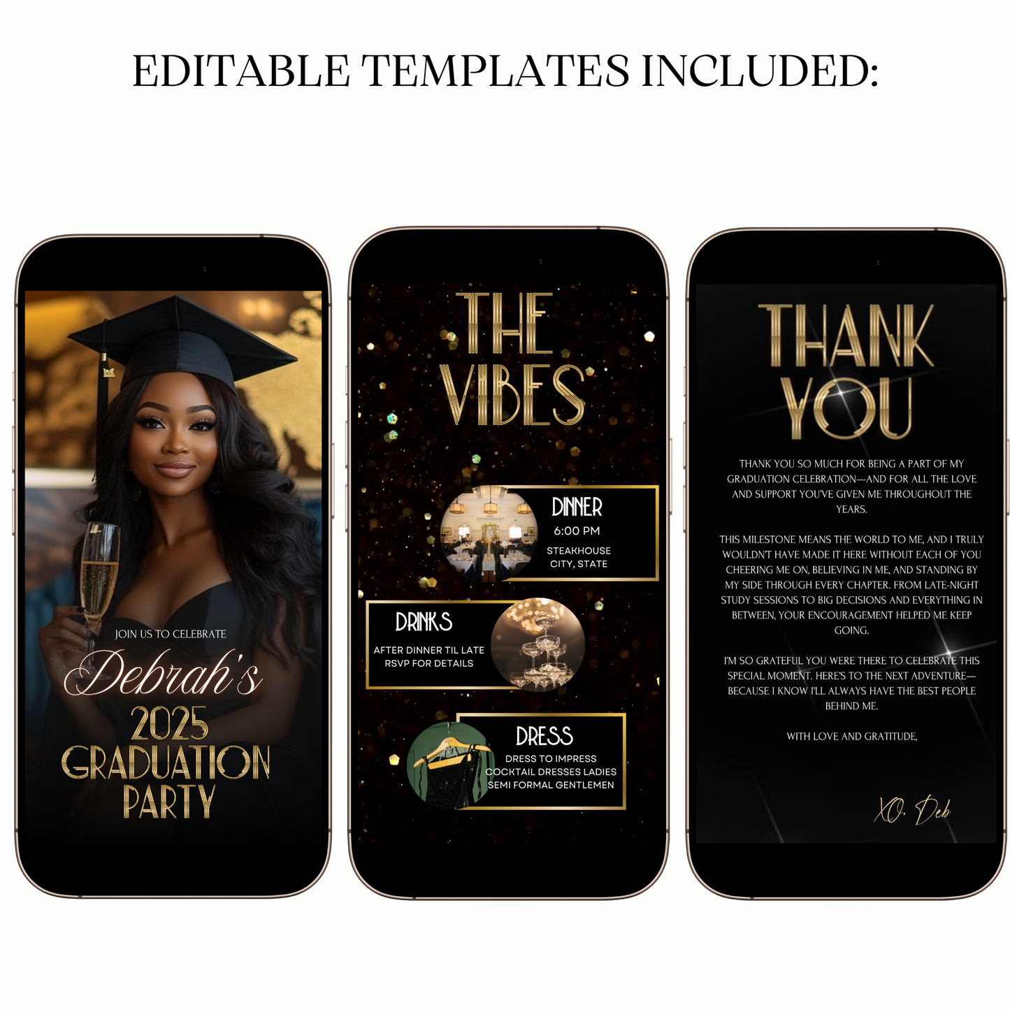 Chic Black & Gold Graduation Party Video Invitation for Mobile Sharing