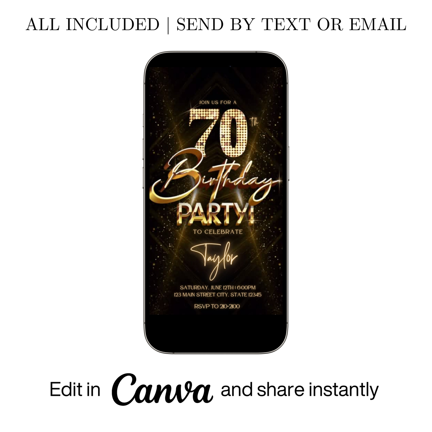 Editable gold glitter 70th birthday party video invitation displayed on a mobile phone, featuring an animated vertical digital invite with music, created in Canva. This premium video invitation template is designed for sharing by text, email, and social media and works with an interactive RSVP website for easy guest response tracking.