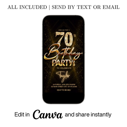 Editable gold glitter 70th birthday party video invitation displayed on a mobile phone, featuring an animated vertical digital invite with music, created in Canva. This premium video invitation template is designed for sharing by text, email, and social media and works with an interactive RSVP website for easy guest response tracking.