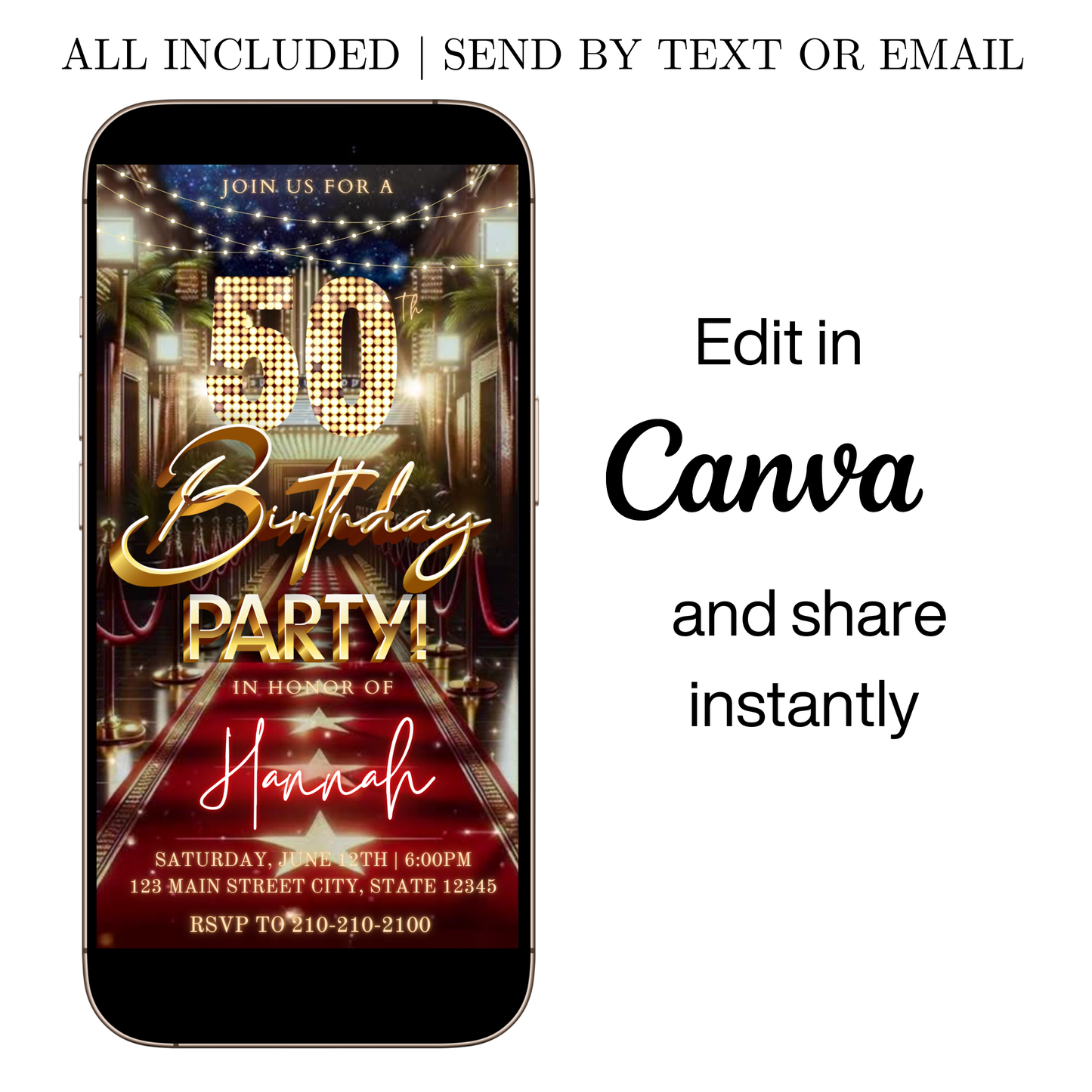Editable hollywood red carpet 50th birthday video invitation displayed on a mobile phone, featuring an animated vertical digital invite with music, created in Canva. This premium video invitation template is designed for sharing by text, email, and social media and works with an interactive RSVP website for easy guest response tracking.