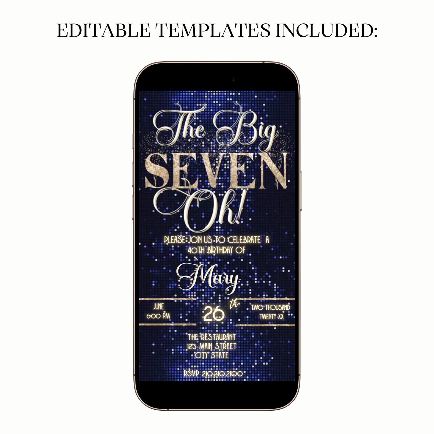 Luxe The Big Seven-Oh 70th Birthday Video Invitation — Navy & Gold Sparkle for Mobile Sharing