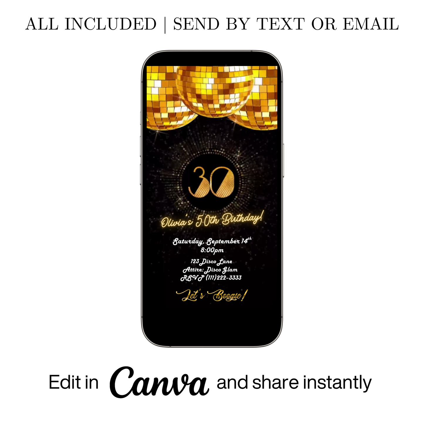 Editable gold disco 30th birthday video invitation displayed on a mobile phone, featuring an animated vertical digital invite with music, created in Canva. This premium video invitation template is designed for sharing by text, email, and social media and works with an interactive RSVP website for easy guest response tracking.