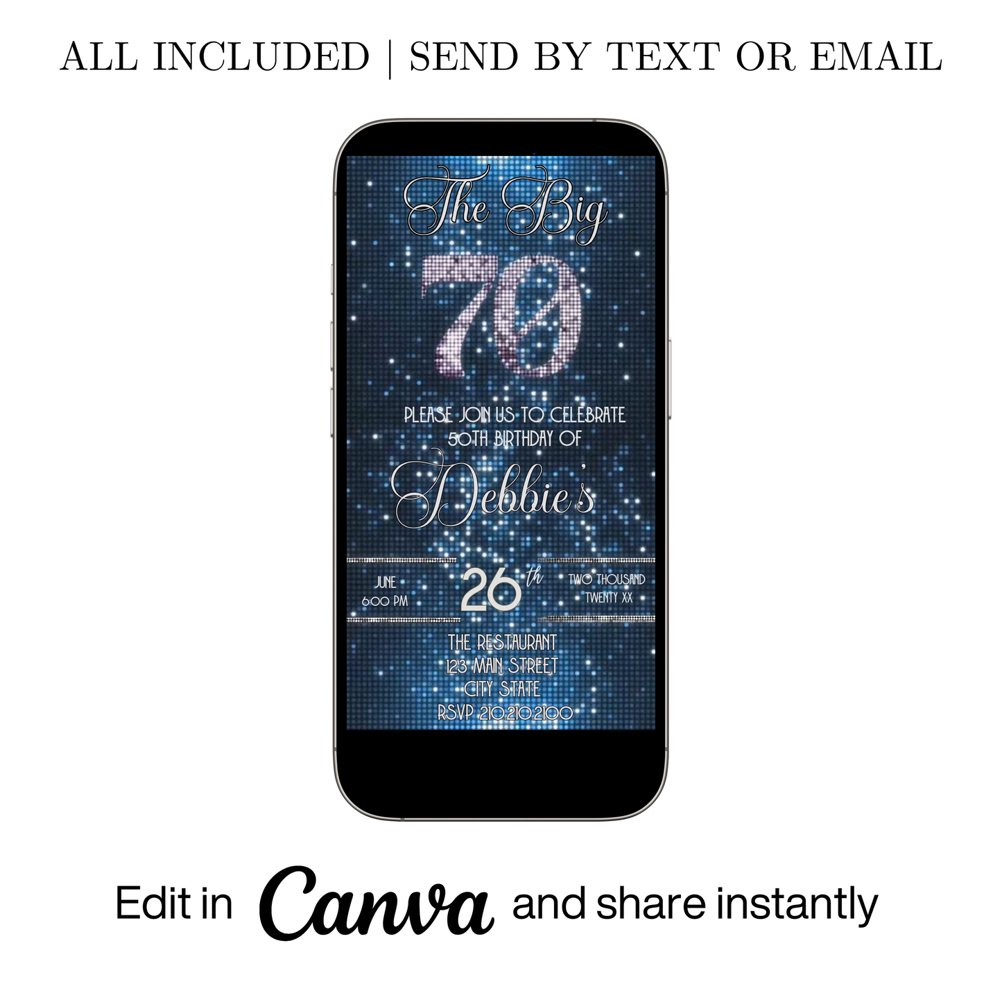 Editable blue sequin 70th birthday video invitation displayed on a mobile phone, featuring an animated vertical digital invite with music, created in Canva. This premium video invitation template is designed for sharing by text, email, and social media and works with an interactive RSVP website for easy guest response tracking.