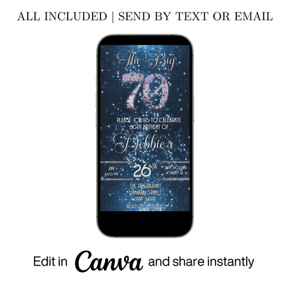 Editable blue sequin 70th birthday video invitation displayed on a mobile phone, featuring an animated vertical digital invite with music, created in Canva. This premium video invitation template is designed for sharing by text, email, and social media and works with an interactive RSVP website for easy guest response tracking.