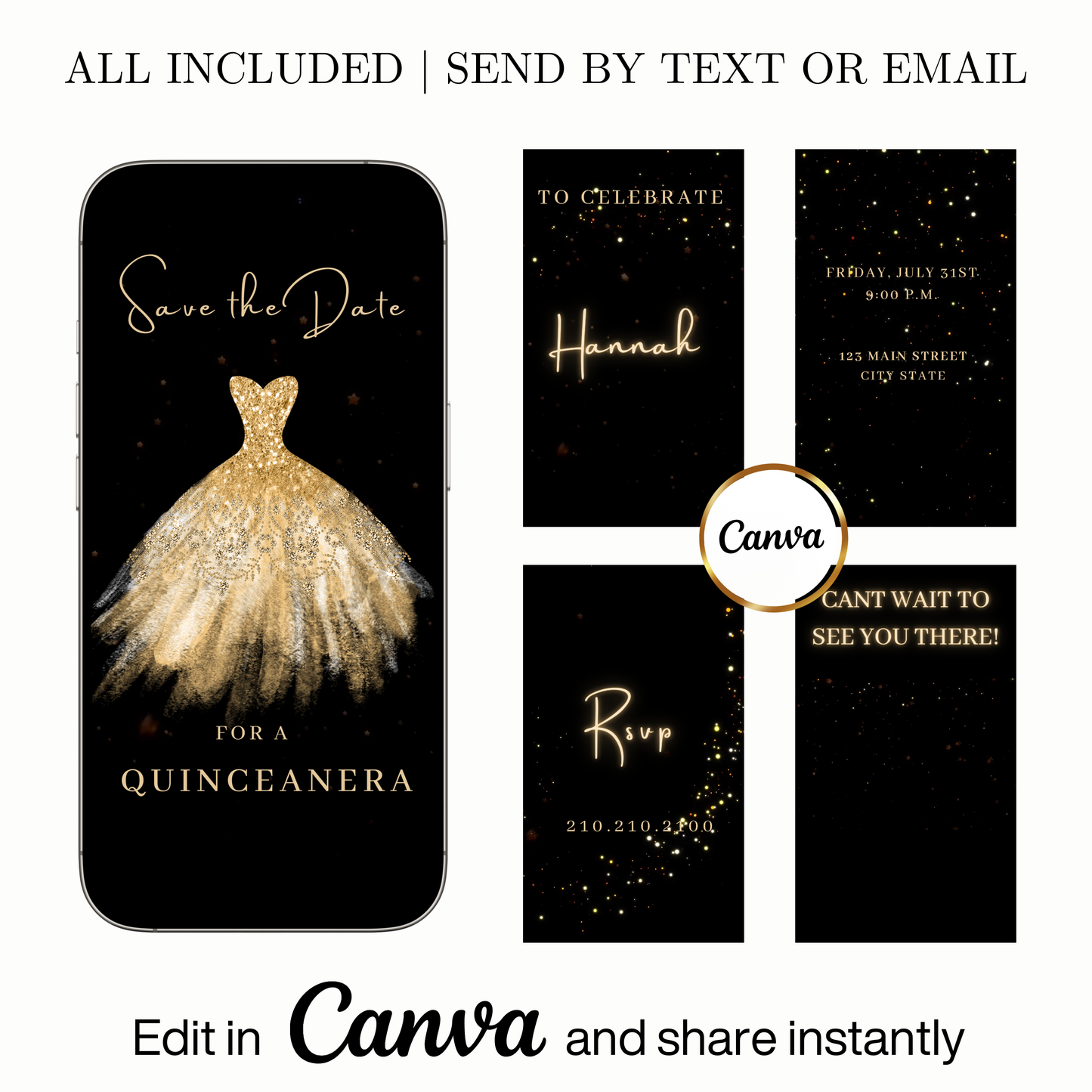Editable gold glitter dress Quinceañera video invitation displayed on a mobile phone, featuring an animated vertical digital invite with music, created in Canva. This premium video invitation template is designed for sharing by text, email, and social media and works with an interactive RSVP website for easy guest response tracking.