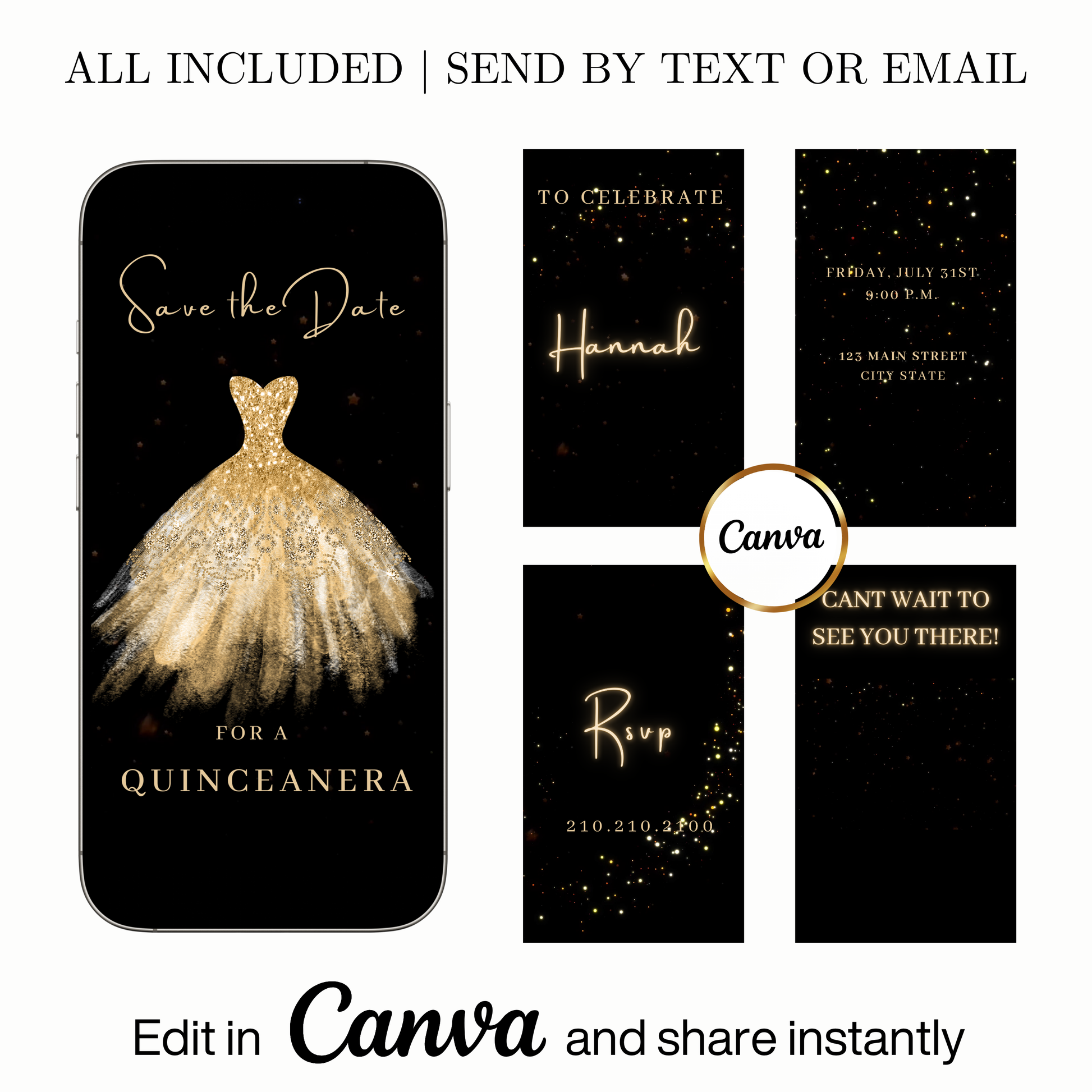 Editable gold glitter dress Quinceañera video invitation displayed on a mobile phone, featuring an animated vertical digital invite with music, created in Canva. This premium video invitation template is designed for sharing by text, email, and social media and works with an interactive RSVP website for easy guest response tracking.