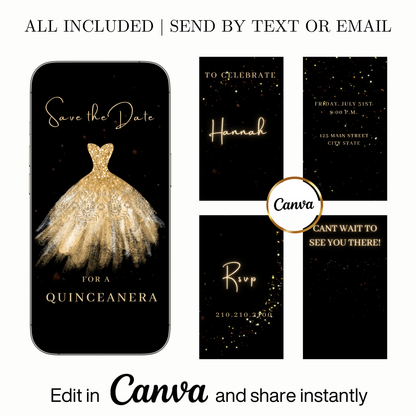 Editable gold glitter dress Quinceañera video invitation displayed on a mobile phone, featuring an animated vertical digital invite with music, created in Canva. This premium video invitation template is designed for sharing by text, email, and social media and works with an interactive RSVP website for easy guest response tracking.