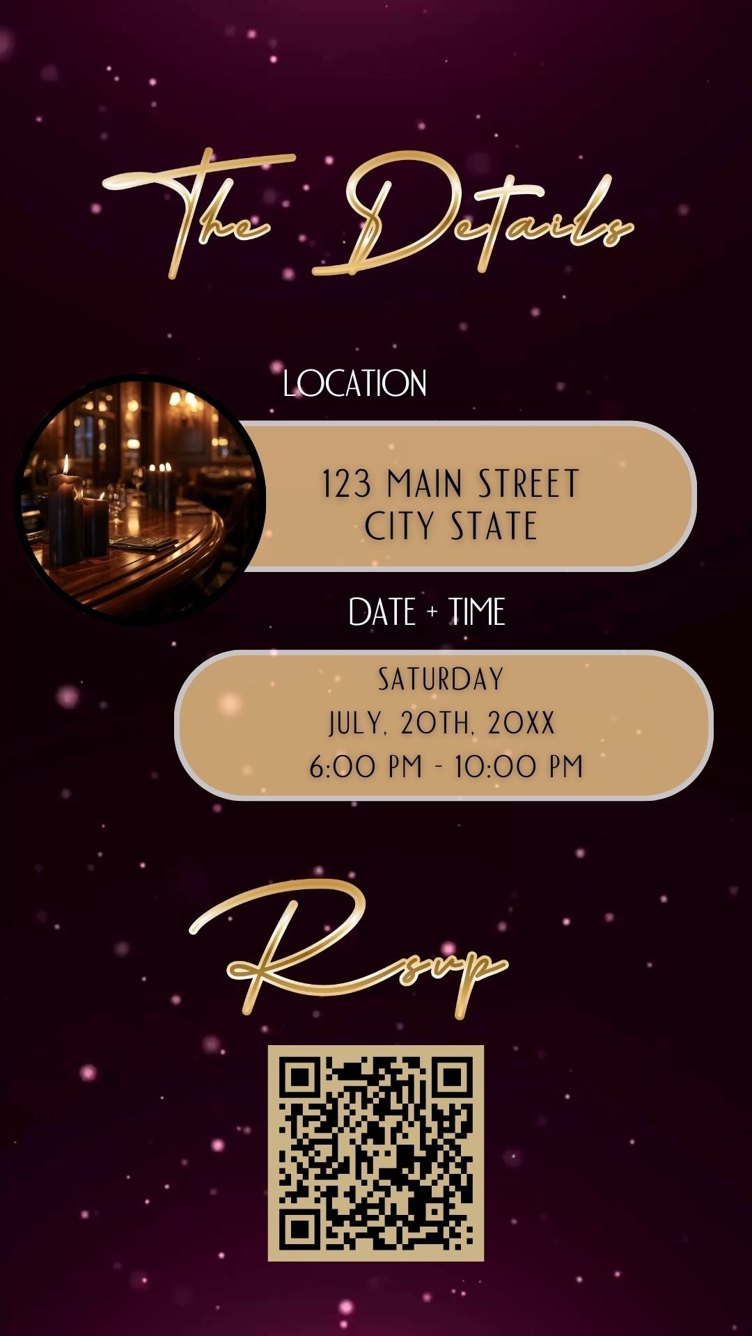 Editable burgundy shimmer 50th birthday video invitation displayed on a mobile phone, featuring an animated vertical digital invite with music, created in Canva. This premium video invitation template is designed for sharing by text, email, and social media and works with an interactive RSVP website for easy guest response tracking.