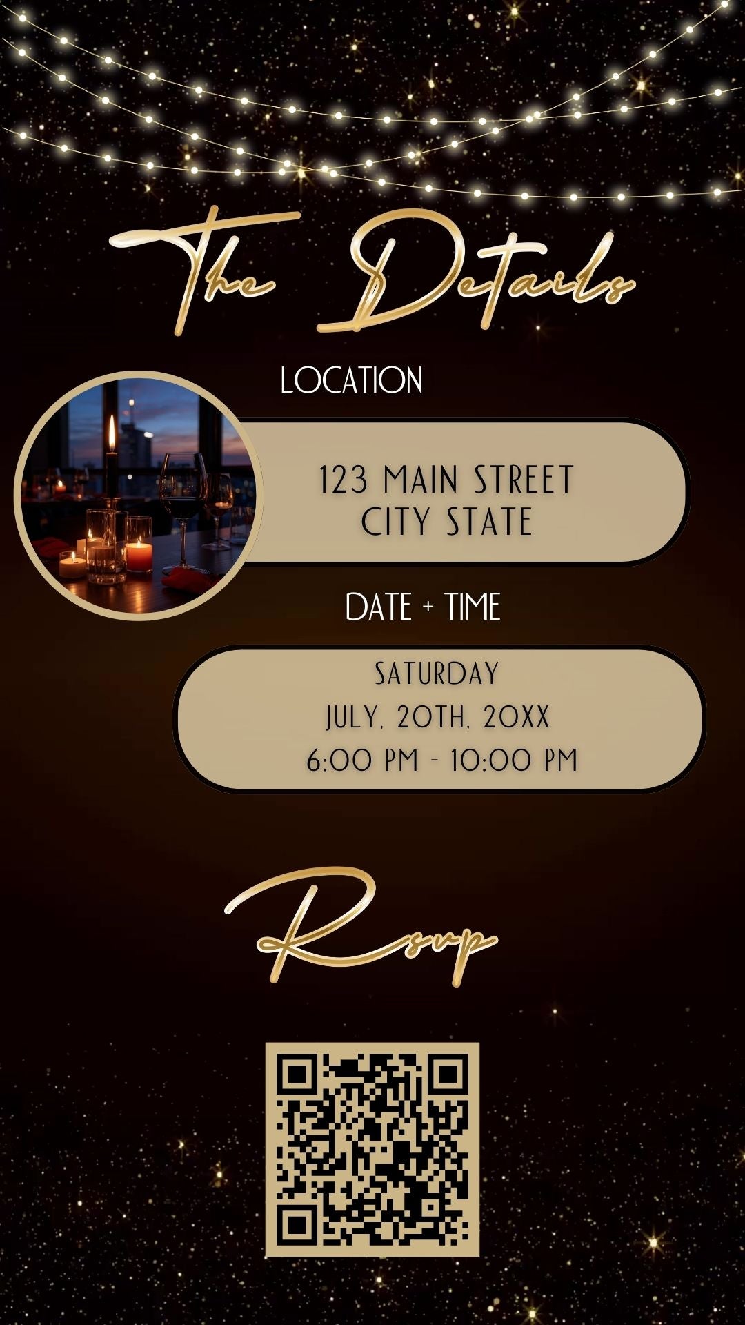 Editable maroon gold sparkle 50th birthday party video invitation displayed on a mobile phone, featuring an animated vertical digital invite with music, created in Canva. This premium video invitation template is designed for sharing by text, email, and social media and works with an interactive RSVP website for easy guest response tracking.
