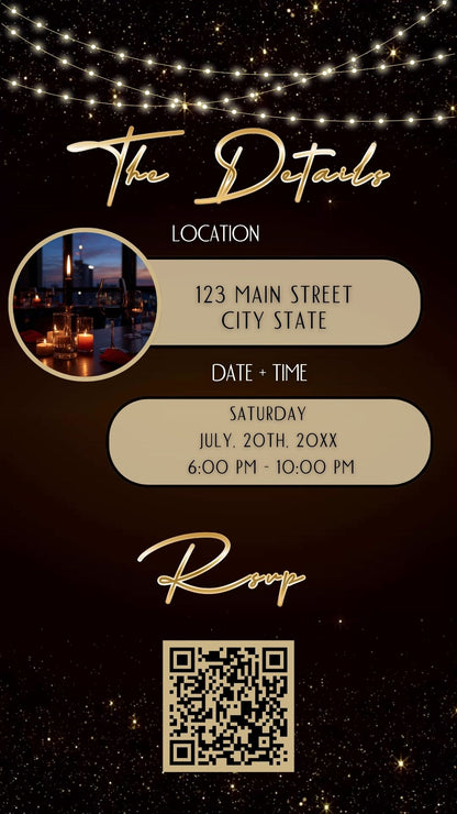 Editable maroon gold sparkle 50th birthday party video invitation displayed on a mobile phone, featuring an animated vertical digital invite with music, created in Canva. This premium video invitation template is designed for sharing by text, email, and social media and works with an interactive RSVP website for easy guest response tracking.