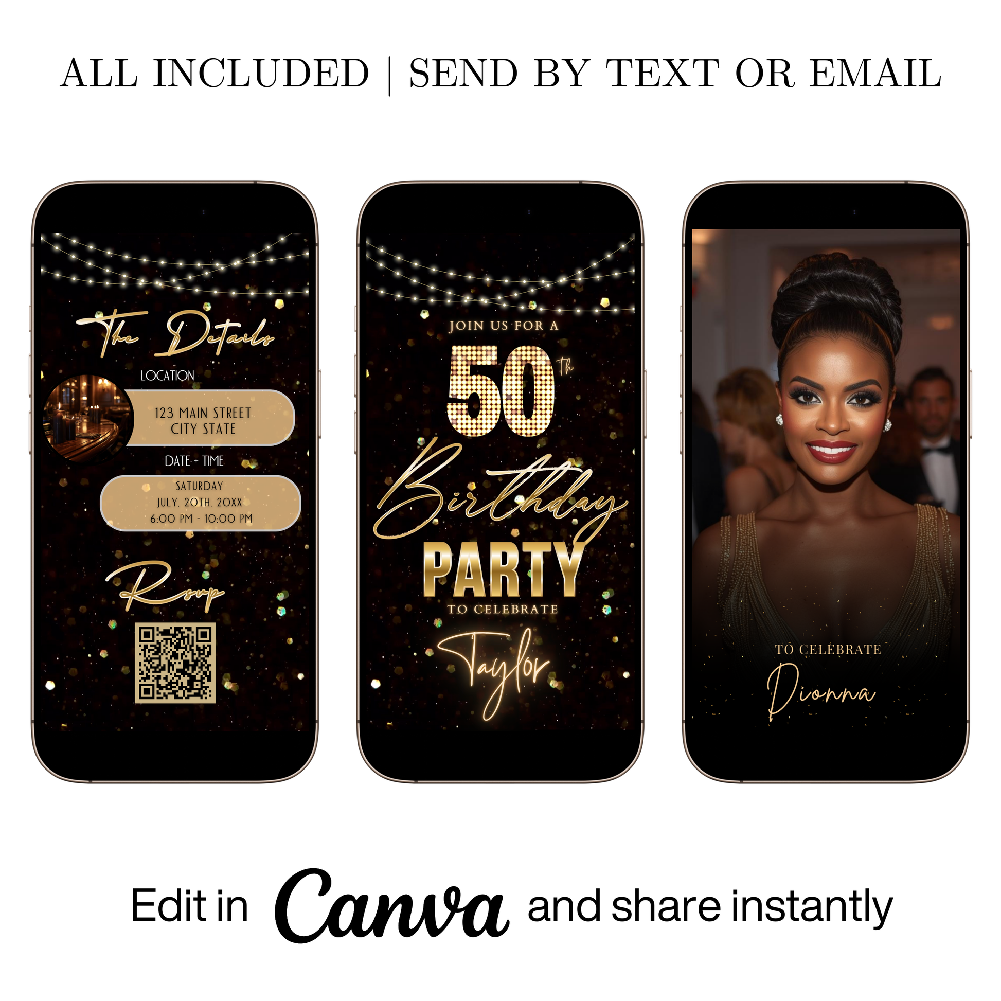 Editable black gold glitter lights 50th birthday video invitation displayed on a mobile phone, featuring an animated vertical digital invite with music, created in Canva. This premium video invitation template is designed for sharing by text, email, and social media and works with an interactive RSVP website for easy guest response tracking.