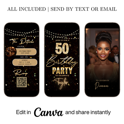 Editable black gold glitter lights 50th birthday video invitation displayed on a mobile phone, featuring an animated vertical digital invite with music, created in Canva. This premium video invitation template is designed for sharing by text, email, and social media and works with an interactive RSVP website for easy guest response tracking.