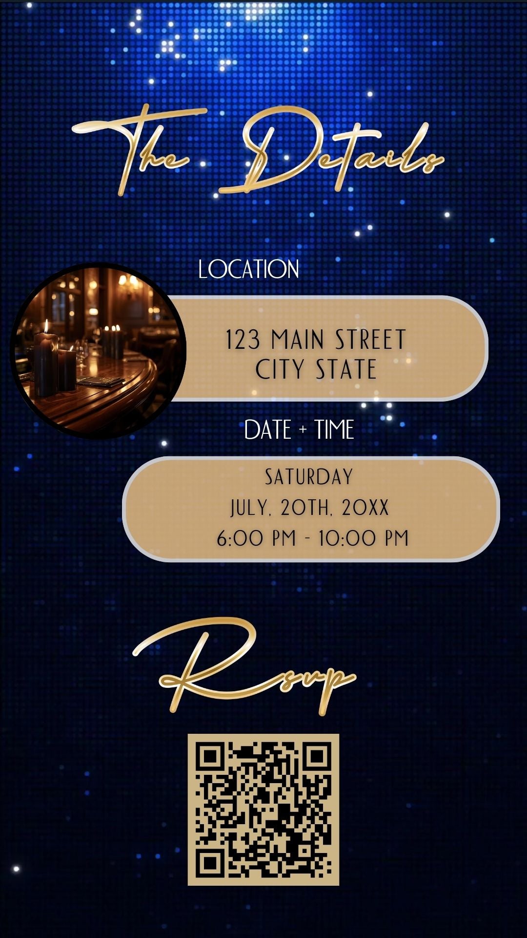 Editable royal blue gold elegant 60th birthday birthday video invitation displayed on a mobile phone, featuring an animated vertical digital invite with music, created in Canva. This premium video invitation template is designed for sharing by text, email, and social media and works with an interactive RSVP website for easy guest response tracking.