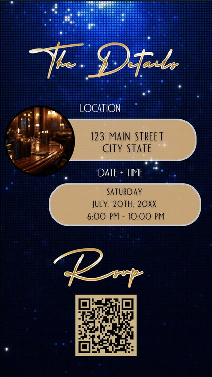 Editable royal blue gold elegant 60th birthday birthday video invitation displayed on a mobile phone, featuring an animated vertical digital invite with music, created in Canva. This premium video invitation template is designed for sharing by text, email, and social media and works with an interactive RSVP website for easy guest response tracking.