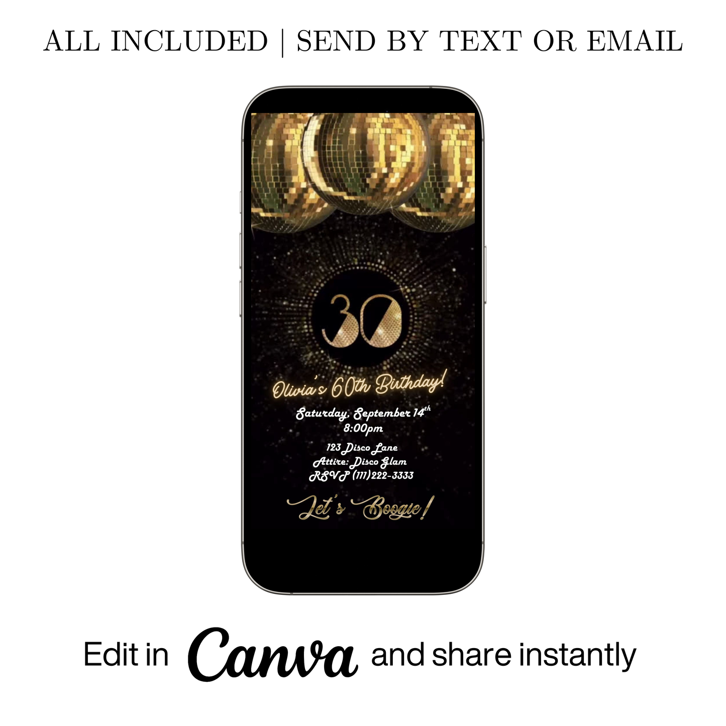 Editable gold disco ball 30th birthday video invitation displayed on a mobile phone, featuring an animated vertical digital invite with music, created in Canva. This premium video invitation template is designed for sharing by text, email, and social media and works with an interactive RSVP website for easy guest response tracking.